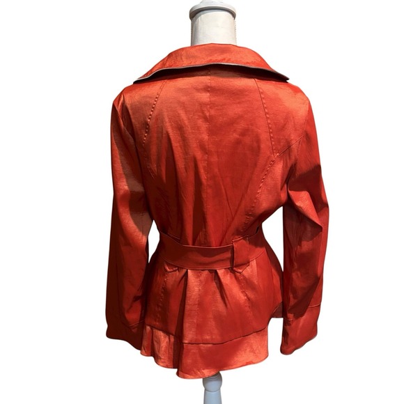 Jerry T Orange Satin Ruffle Zip Collar Belted Blazer Jacket Women's Size Large - Picture 2 of 7